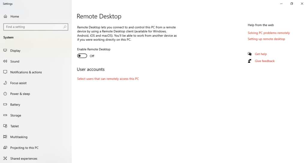 open the Remote Desktop settings window